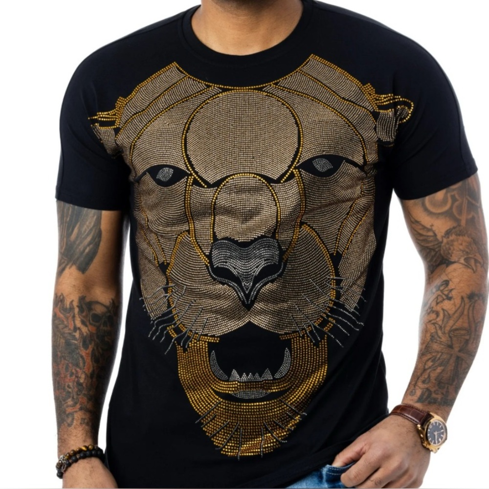 HEADS OR TAILS Saber Tooth Tiger Black Gold Rhinestone T-Shirt Men’s Large